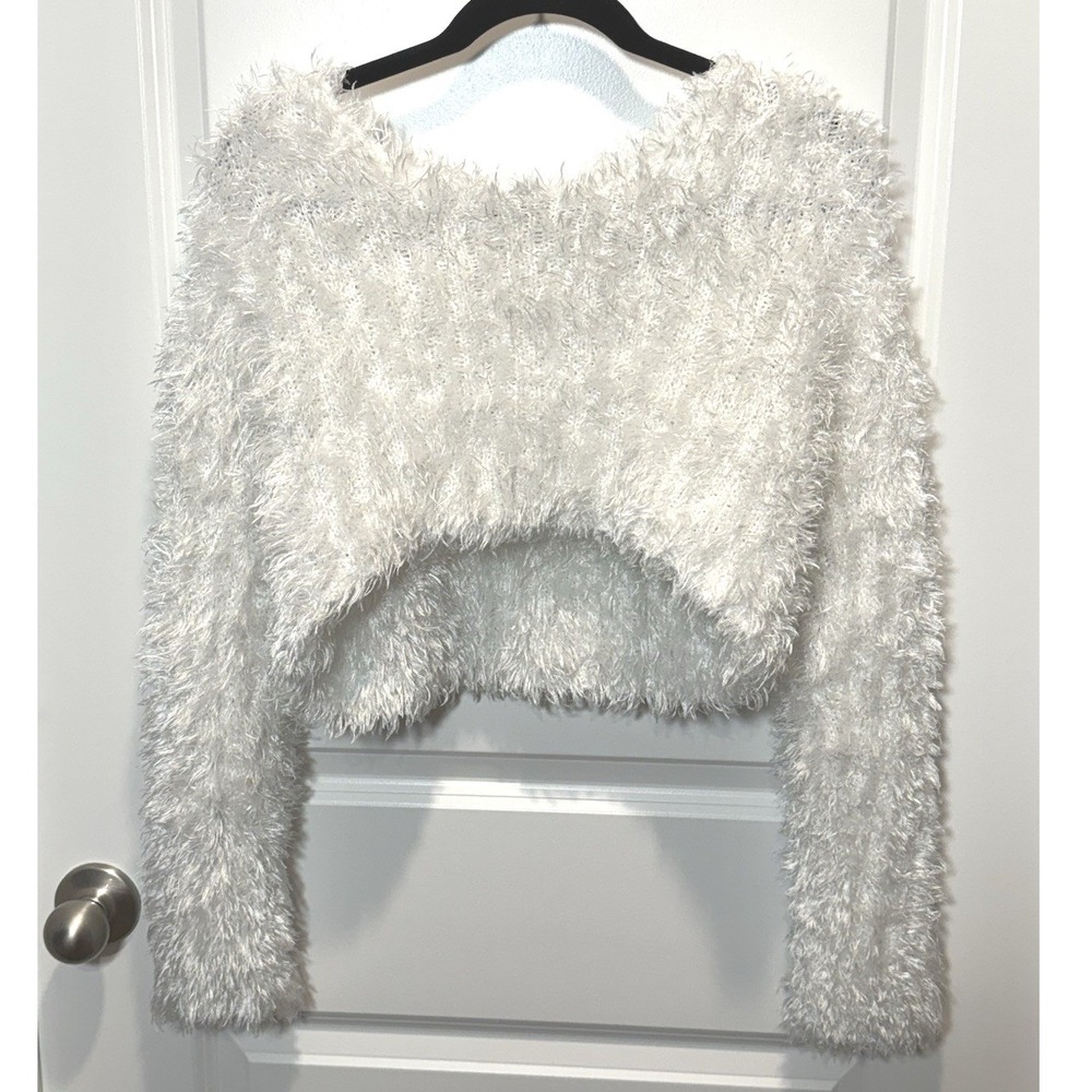 Le Lis Fuzzy Cropped Sweater Small White Women's Knit Long Sleeve Juniors